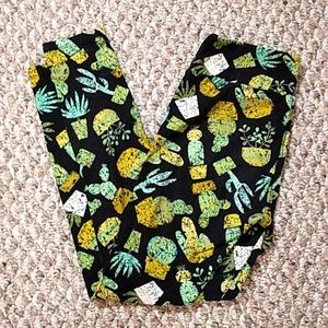 LuLaRoe Black Leggings with Green and Yellow Cactus Print